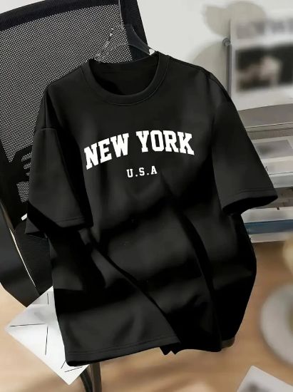 New York Baskılı Oversize Bisiklet Yaka T-shirt - Siyah resmi